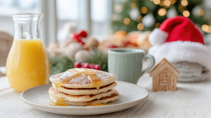 Pancakes with syrup and orange juice on a table with christmas decorations in a bright kitchen setting