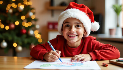 Smiling child in santa hat drawing with crayons near christmas tree and bokeh lights