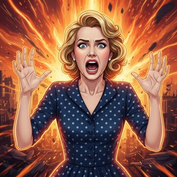 Pop art illustration of shocked woman witnessing disaster.
