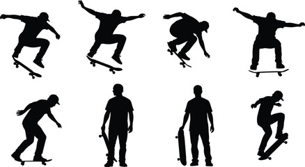 Skateboarder silhouette collection, trick pose, riding stance, urban sport, youth culture, dynamic movement, cad drawing flat vector illustration, black icons, action style