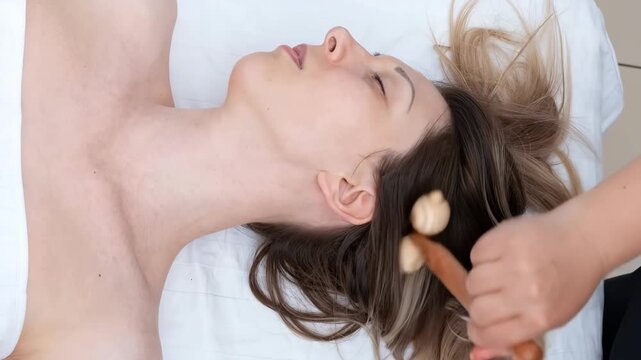 Massage, Maderotherapy. Woman receiving Maderotherapy massage with wooden instruments, gentle motion and relaxation of the facial treatment process