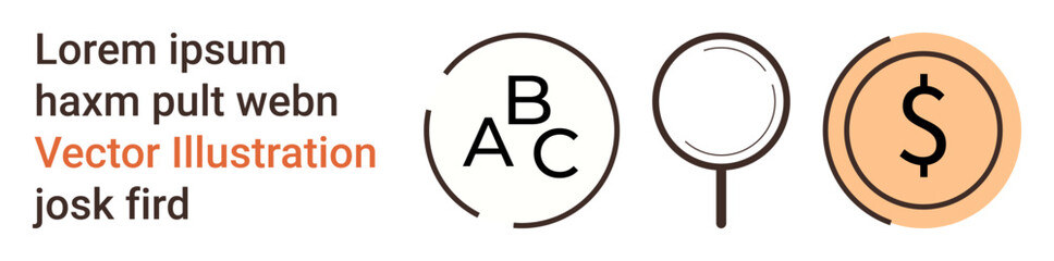 Education, research, finance, business strategy, economic analysis, study tools. Circular elements with letters, magnifying glass and dollar sign. Education and research concept