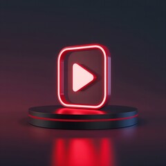 Glowing Red Play Button Icon on a Dark Pedestal with Neon Accents