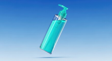 Turquoise liquid in a transparent bottle with a dispenser on a blue backdrop