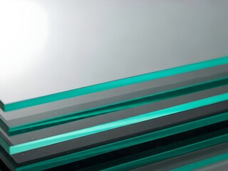 Obraz premium stack of colorful books, Stack of clear tempered glass sheets with green edges. Material prepared for cutting or fabrication, ready for construction and building projects. Translucent panels show ligh