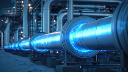 Low carbon energy pipeline glowing with blue plasma and metal rings conveying futuristic industrial power across night plant with sustainable