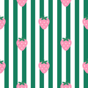Strawberry pattern vector illustration featuring pink strawberries on green and white vertical stripes. Suitable for textile designs, backgrounds, and creative projects.