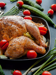 Whole raw chicken marinated with soy sauce and spices added with red tomatoes and leek in pan.