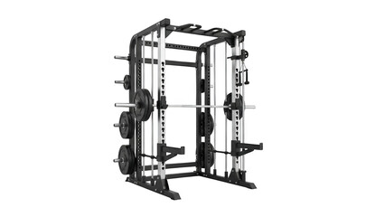 Black and white gym power cage with barbell and weight plates squat rack gym equipment