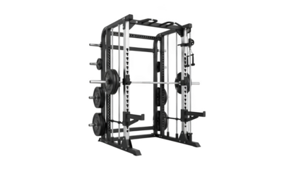 Black and white gym power cage with barbell and weight plates squat rack gym equipment