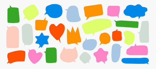 Fototapeta premium Organic frame shapes. Irregular form speech bubbles. Fun colorful collage doodle textboxes. Vector multicolored fun child icon text boxes. Liquid rounded shape elements. Crown and hearts bubbles set