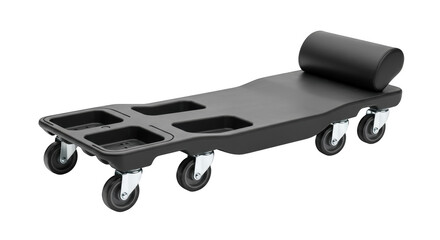 Black mechanic creeper with headrest and casters on black background auto repair