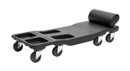 Black mechanic creeper with headrest and casters on black background auto repair