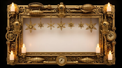 Ornate steampunk-style golden frame with gears, pipes, candles, and hanging star ornaments on a dark background.