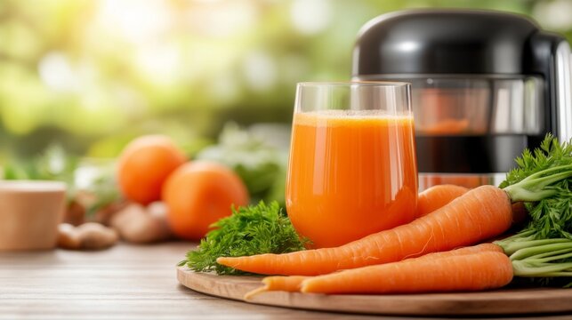 Fresh vegetable juice prepared with a juicer. This vibrant image showcases bright carrots and greens, emphasizing healthy living through delicious beverages. Perfect for health enthusiasts. AI