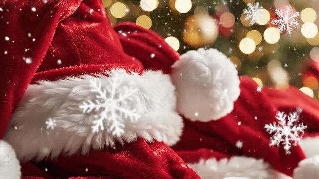 Festive red santa hats with white fur and decorative background