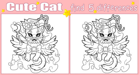 cute wizard cat, find five differences illustration