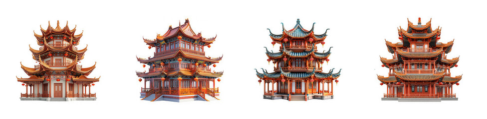 Fototapeta premium Four traditional chinese pagoda buildings with intricate architectural details and vibrant colors isolated on transparent background
