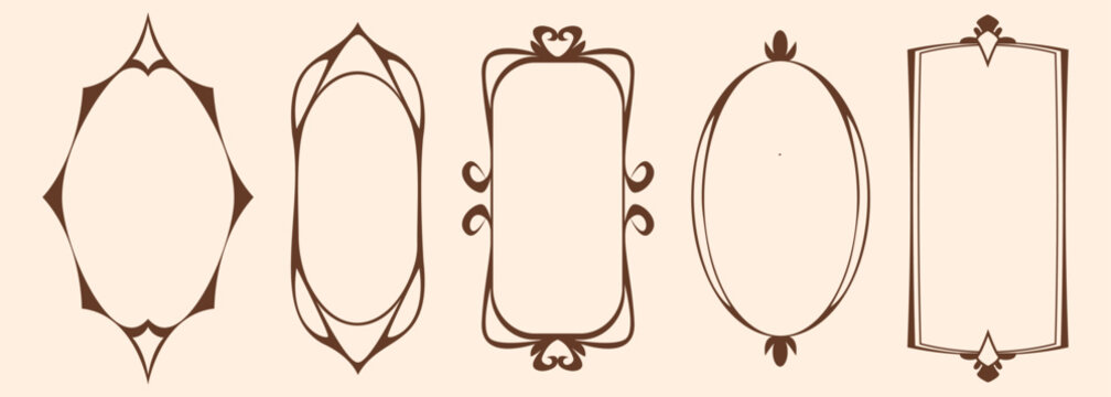 Art Nouveau frames collection isolated on background. Vector illustration of vintage style borders with decorative scrolls, oval rectangle shape decoration for retro banner, greeting card, menu design