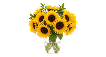 Bouquet of bright yellow sunflowers in a clear glass vase floral