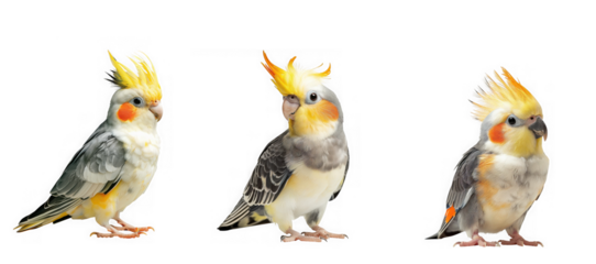 Three colorful cockatiels with yellow crests standing on a transparent background