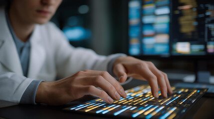 A researcher reviewing database entries on a glowing spreadsheet, color-coded cells revealing patterns in thousands of collected data points — analytical precision and efficient information