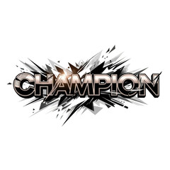 Champion text with explosive abstract shards on black background word typography