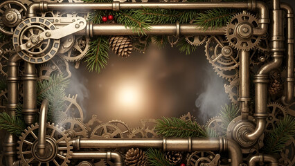 Steampunk industrial frame with gears, pipes, and festive Christmas pine branches, cones, and berries, featuring a glowing light and smoke in the center.
