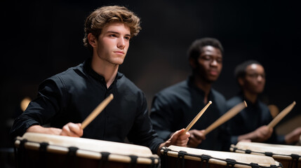 Percussionists striking timpani drums in a powerful fortissimo section, vibrations visible across the stretched skin — dramatic sound production, rhythmic intensity, and orchestral depth. cinematic