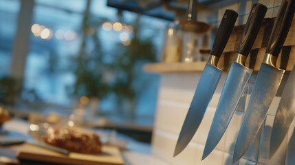 A chef’s kitchen with wall-mounted magnetic knife strips holding a gleaming set of blades, emphasizing cleanliness, readiness, and culinary craftsmanship. cinematic color correction, natural uneven