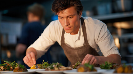 A chef plating dishes rapidly during a dinner rush, kitchen heat rising as tickets cascade from the printer &mdash; culinary urgency, teamwork under pressure, and fast-paced restaurant energy. cinematic