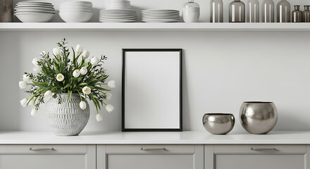 Empty black picture frame on white shelf with vase of white flowers and metallic bowls minimal home decor