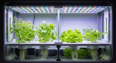 Innovative Futuristic Organic Herbs in Glowing Hydroponic System, Sustainable Growth