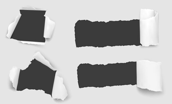Torn paper holes set isolated on black background. Vector realistic illustration of ripped page with uneven rolled edges, holiday sale reveal effect, banner strip open for ad text, damaged sheet frame