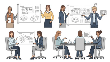A collection of nine illustrations showing women in architecture and business meetings.