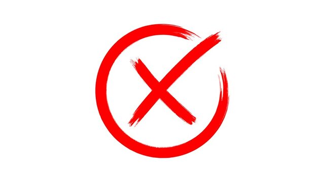  right and wrong brush hand drawing, round red cross brush drawing, Transparent alpha channel. Hand-drawn red X mark animation with transparent background.