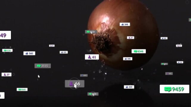 Onion entering top-right, rotating onto glossy plane, badges clustering and pulsing to show metrics