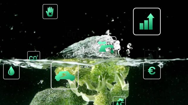 Broccoli crown dropping into water, striking water and splashing while icons showing eco metrics