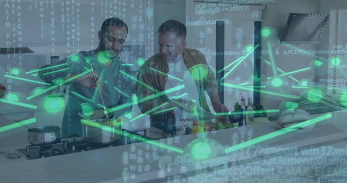 Two men using food tech at kitchen island, right man reaching for bottle causing green overlay