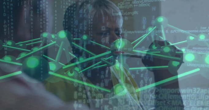 Senior woman tasting spoon as man lifting cup, testing food while green overlay tracking spoon data