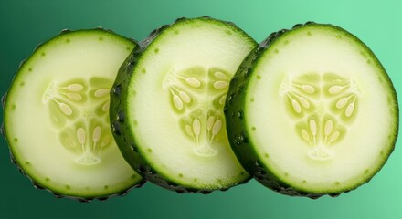Vibrant Cucumber Slices Presenting Freshness on Smooth Green Gradient Backdrop