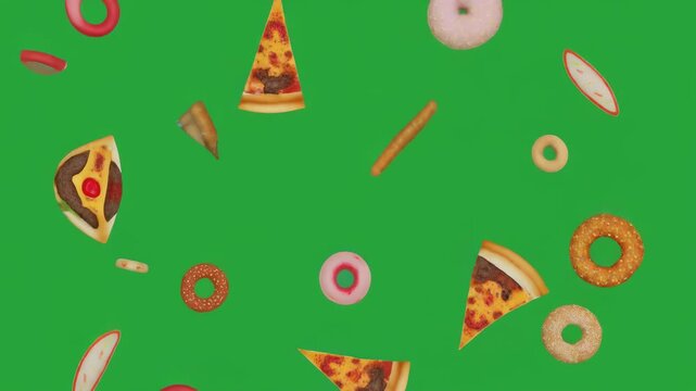 Falling assortment of delicious fast food items including pizza and doughnuts on a vibrant green screen background, perfect for compositing