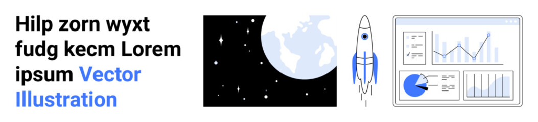 Rocket ascending near Earth, starry night background, data charts and graphs. Ideal for innovation, growth, success, science exploration, strategy, analytics simple landing page