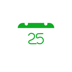 Minimal green calendar icon showing date 25th isolated on white. 