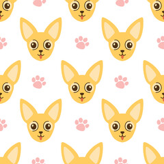Cute cartoon chihuahua face pattern and pink paw print seamless pattern for design.