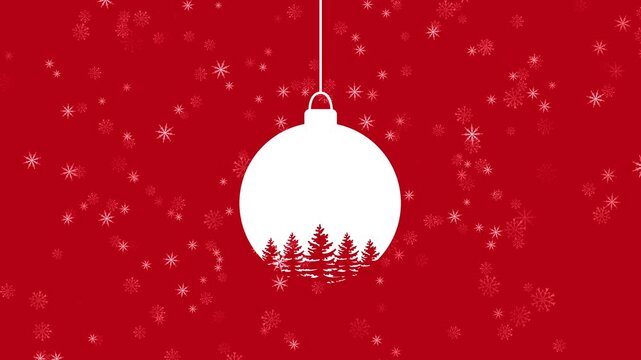 Minimalist Red And White Christmas Background With Hanging Ornament And Falling Snow. Suitable For Social Media Stories And Holiday Greeting Cards.
