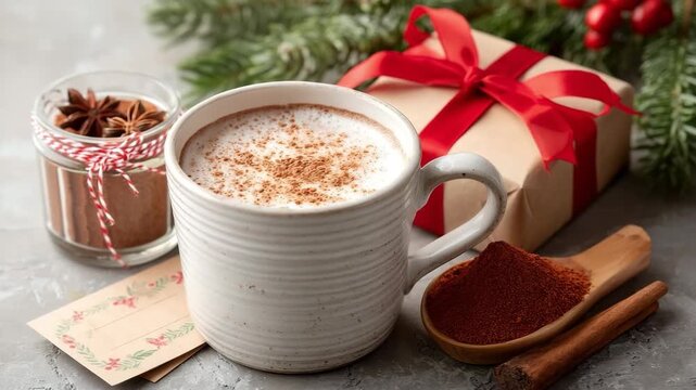 Festive hot cocoa mug with red ribbon and holiday decor on gray background. Christmas-themed teacher gift with mug, hot cocoa mix, and holiday card