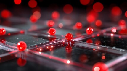 Conceptual abstract network of glowing red spheres connected by light lines on a dark textured surface, representing data flow, technological connections, and digital communication with vibrant bokeh.