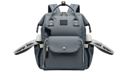 Gray fabric backpack with side pockets holding white bottles textile