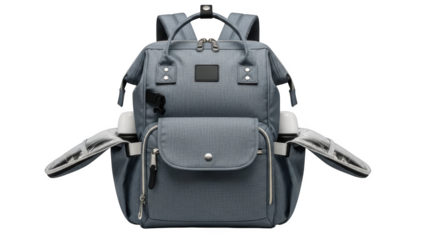Gray fabric backpack with side pockets holding white bottles textile